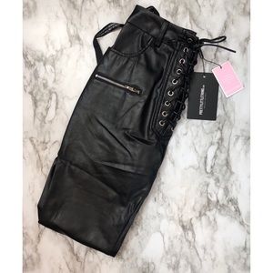 Black vegan leather lace up front pants